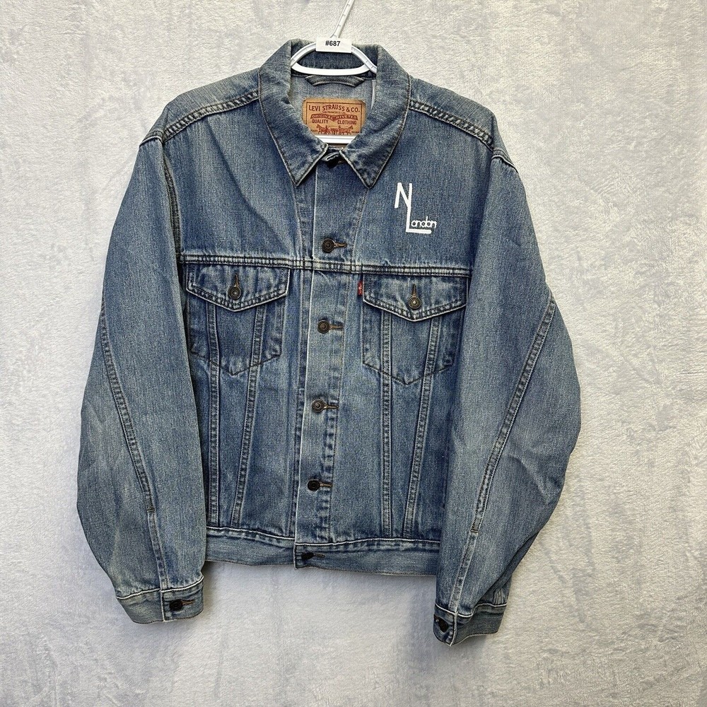 Vintage Levi's Blue Denim Jacket Standard Trucker Custom Painted Size M 70507 - Picture 1 of 14